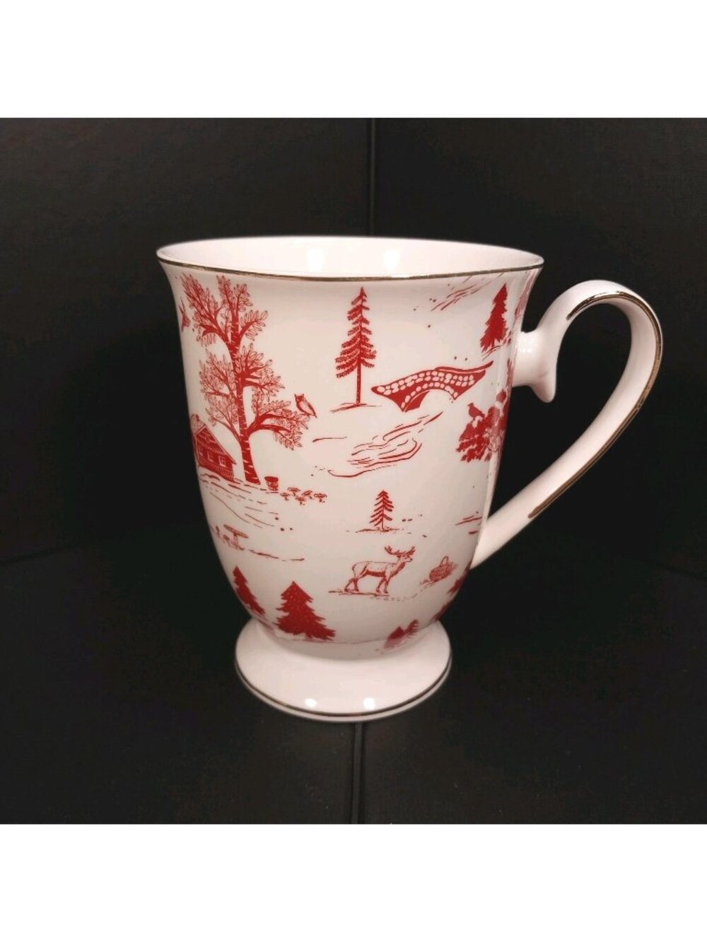 Grace Teaware Red Village Footed White Cup Toile Winter Scene House Forest Deer
